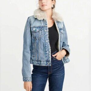 Abercrombie & Fitch Blue Denim Sherpa Lined Jacket with Tan Faux Fur